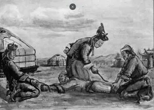 Дээлийг нь сөхөж өгзөгийг нь ил гарган доош харуулж хэвтүүлээд гуяыг нь халуун зүйлээр төөнөж буй