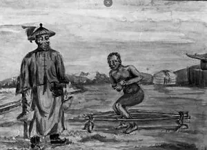 Сөгдүүлж суулгаад өвдөгний араар шургааг тавин хоёр тал дээр нь хүн гишгэж буй