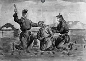 Монгол гэрийн гадна ноёны хоёр зараал шаахайны ул хэлбэртэй модоор ядуу бололтой нэгэн эрийн хацар руу нь занчиж буй