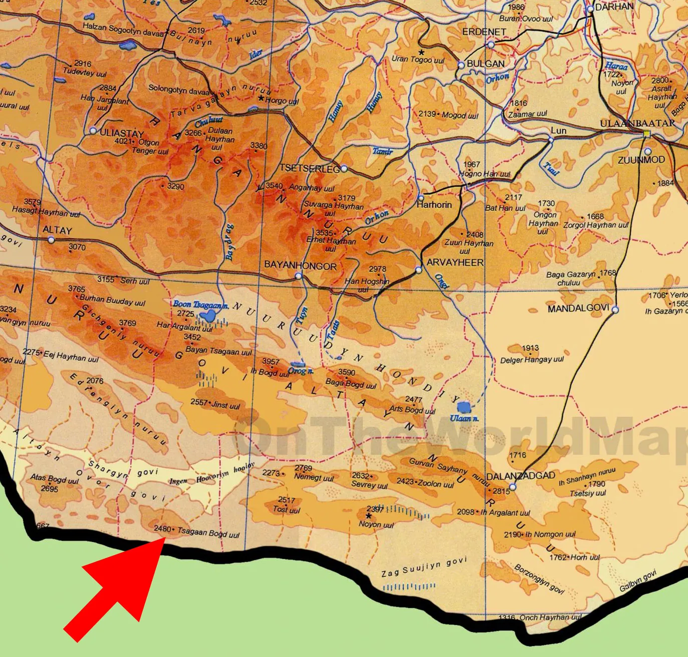 Монгол улсын "өндрийн" газрын зурган дээрх Сэгс цагаан богд уулын байршил
